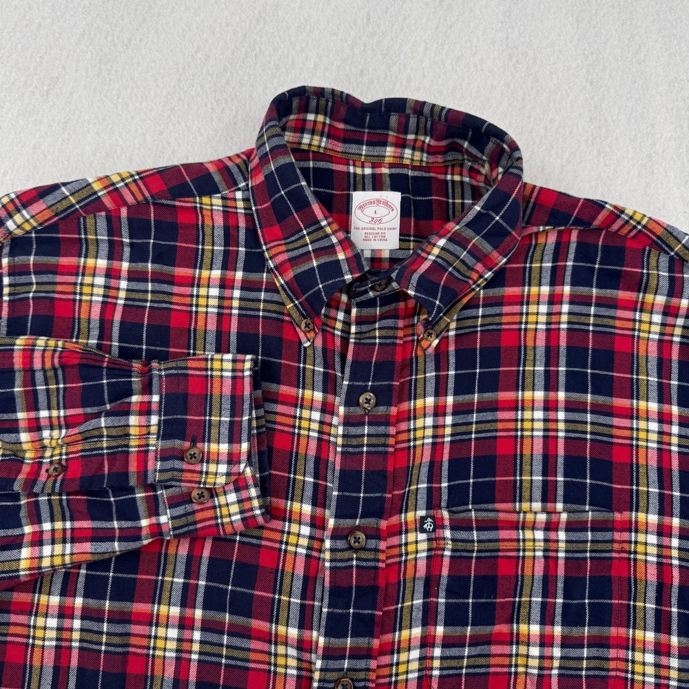 Brooks Brothers 346 Mens L Flannel Button Down Red/Navy Plaid Long Sleeve Preppy